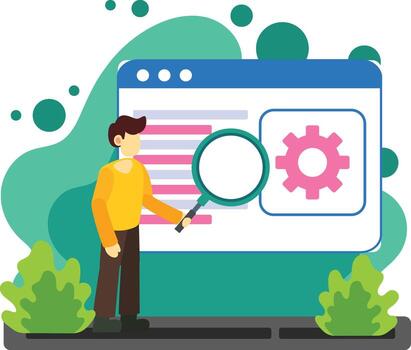 desarrollador analizando sitio web con aumentador vaso ilustración vector