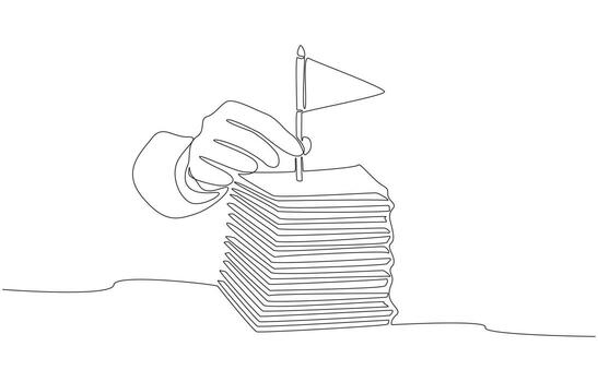 Continuous one line drawing of hand placing flag on top of stack of documents, symbolizing completion of task or success in taking responsibility for work, single line art. vector