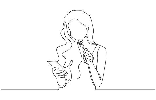 Continuous one line drawing of woman looking at her smartphone while eating, representing modern lifestyle, multitasking, and the blend of technology with daily habits, single line art. vector