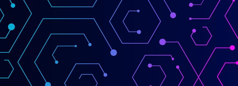 resumen oscuro futurista tecnología antecedentes con brillante hexágono circuito conexiones, degradado azul y púrpura líneas, digital red patrón, datos fluir, ai, innovación, cadena de bloques, ciber tecnología vector