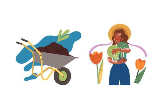 Woman Character Caring about Planet with Light Bulb and Wheelbarrow with Soil as Saving Ecosystem Set vector