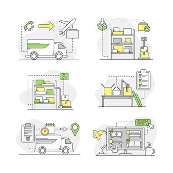 Storage, distribution and transportation set. Packaging, loading and delivery of goods linear illustration vector