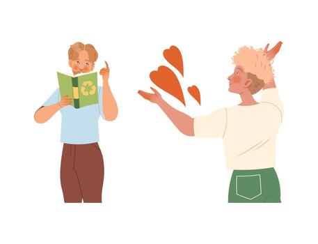 Man Character Caring about Planet with Recycle Book and Love Heart as Saving Ecosystem Set vector