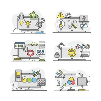 Internet services linear signs set. Data, information security, technical instruments illustration vector