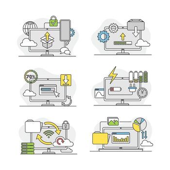 Internet security services linear signs set. Cloud computing technology, technical instruments illustration vector