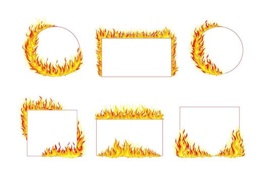 Fire frames of different shapes set. Flaming burning borders with space for text illustration vector