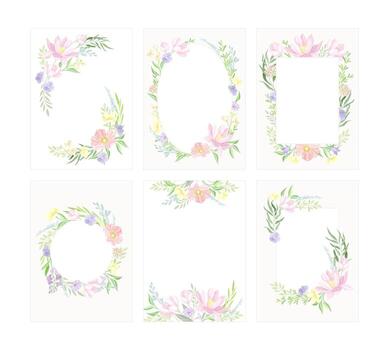 Floral frames of different shapes set. Greeting card or invitation with wild flowers and leaves with space for text illustration vector