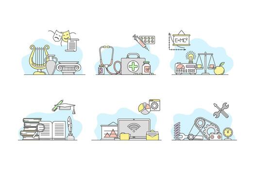 educación y Ciencias objetos colocar. arte, medicamento, literatura, física, computadora Ciencias ilustración vector