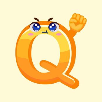 Bold letter Q character showing a fist-up gesture with confident expression, perfect for motivational typography and modern design projects. Cute Animal Alphabet Illustration. vector