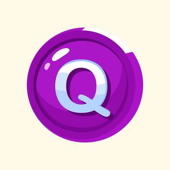 Glossy purple circular button featuring letter Q, ideal for modern typography, UI icons, and creative alphabet projects. Alphabet and Number Flat Illustration. vector