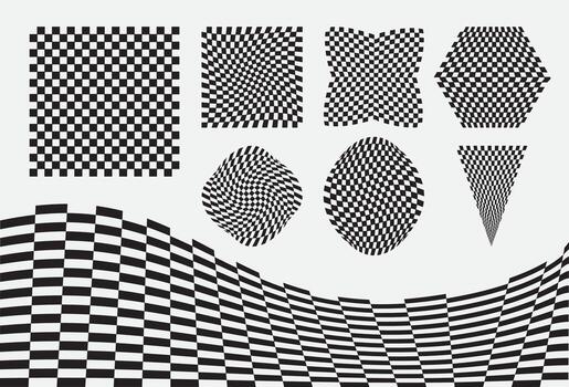 Abstract black and white checker illusion pattern with warped 3D perspective. Ideal for optical art backgrounds, geometric textures, digital posters, and creative graphic projects vector