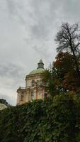 Vertical, dramatic low-angle shot of a majestic historical palace or church building with a large green dome and yellow facade, partially obscured by dense, overgrown dark green foliage video