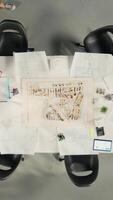Vertical Top down view of development team consulting on real estate investment and construction strategy. Office features 3D models and documents illustrating modern property design concepts. Camera A. video