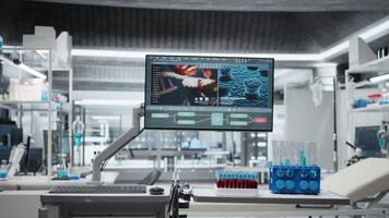 Empty lab filled with modern research equipment and computer screens ready for observation, testing and analysis. Symbolizing innovation and biotechnology development in healthcare and biomedicine. video