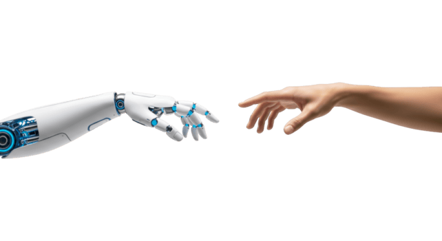 umano e robot mano raggiungendo su - artificiale intelligenza, tecnologia, connessione, e futuro concetto su trasparente sfondo png