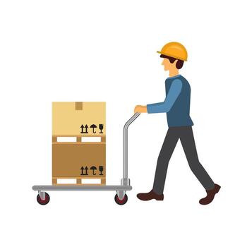 delivery man push cart with package box on white background. express delivery. Illustration EPS 10. vector