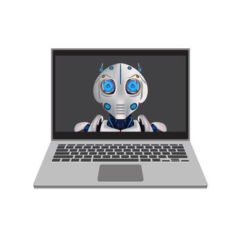 AI robot displayed on laptop screen with code on screen, symbol of artificial intelligence and automation, digital assistant, artificial intelligence, illustration EPS 10. vector