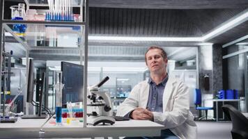 pOV av forskare på ring upp i modern labb deltar uppkopplad konferens, delning insikt på forskning studie och experimentera data resultat för bioteknik. formning medicinsk upptäckt. kamera a. video