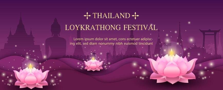 Poster of Thailand tradition in river worship, Loy Kratong Festival with wording of event, example texts on silhouette of ancient temples and gradient of red purple background. vector