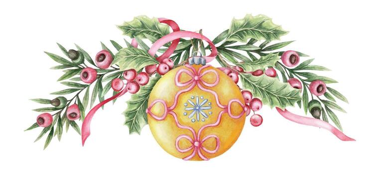 Yellow Christmas ornament with holly vector