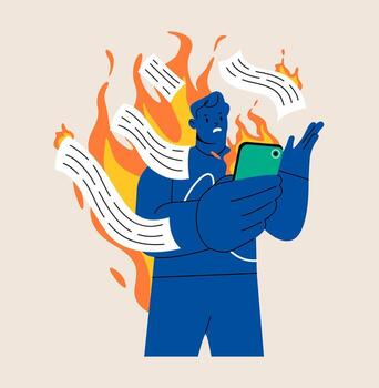 Man reading bad news, negative information in internet. Doomscrolling concept. Colorful illustration vector