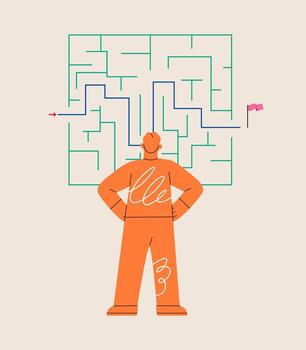 hombre en pie en frente de un laberinto con un solución a éxito. vistoso ilustración vector