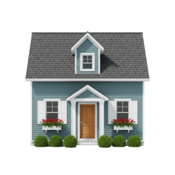 encantador azul chalé com flor caixas e bem cuidada cerca perfeito para uma real Estado ou casa melhoria de Anúncios png