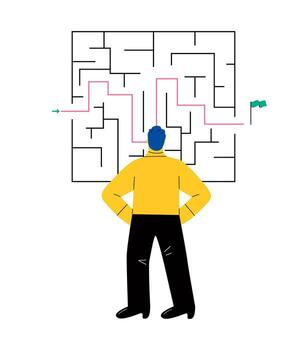 negocio hombre en pie en frente de un laberinto con un solución a éxito. plano ilustración aislado en blanco antecedentes vector