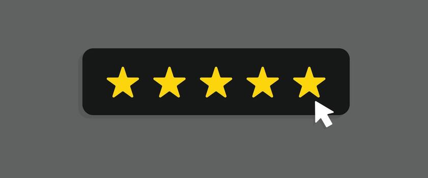 cinco estrella clasificación ilustración en oscuro antecedentes con ratón hacer clic. Perfecto cliente satisfacción y revisión gráfico vector