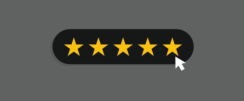 Dark theme five star rating with mouse cursor click. Customer review and satisfaction feedback symbol vector