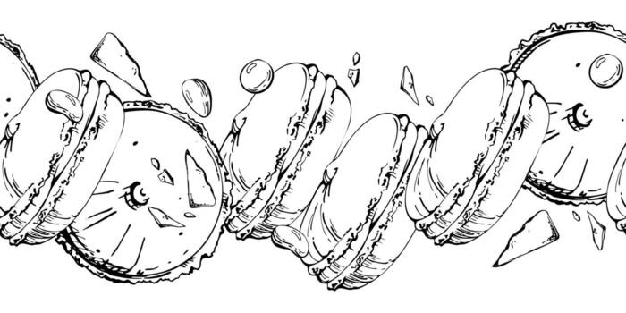 Macaron tower with chocolate chunks, cocoa beans, and candy dragees. Hand drawn in ink, isolated for seamless pattern backgrounds, bakery wallpaper designs, menu edging, blog header borders. vector