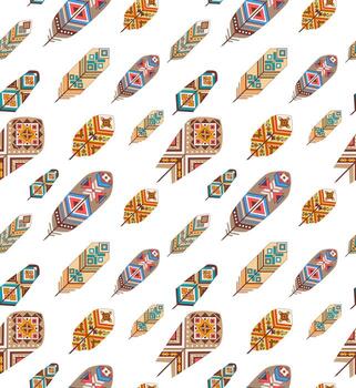 Seamless pattern with ethnic feathers. Colored decorative feathers. Boho style vector