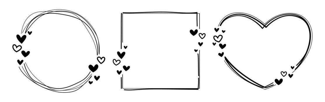 Hand drawn frame set. Black line frame in circle, square, heart form vector