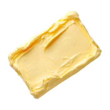 A close up view of a rectangular block of yellow butter isolated the butter is slightly textured and shows signs of being spread png
