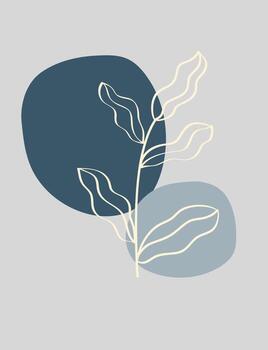 Modern minimal abstract botanical illustration with blue geometric shapes and continuous line drawing. Perfect for wall art, posters, and branding vector