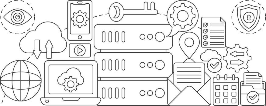 ruidoso informática tecnología línea arte, datos almacenamiento servidores, red seguridad y digital conexión concepto vector