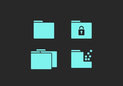 Digital folder glyph icon collection in cyan neon color include with single folder, folder group, locked and corrupted folder icon vector