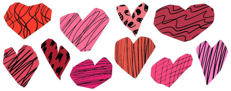 Cut out heart shapes with crayon scribble patterns. Playful doodle irregular collage paper hearts. abstract shapes with torn edges and hand drawn doodle pencil patterns for kids scrapbooking. vector