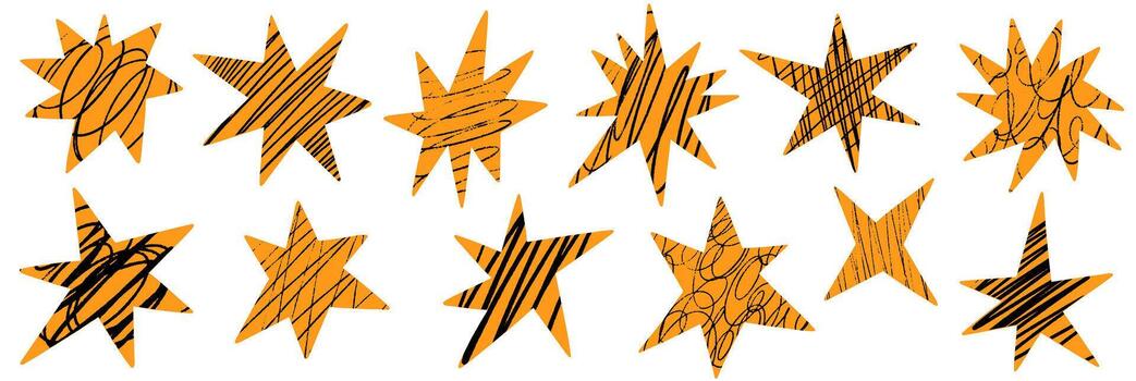 Cut out star shapes with crayon scribble patterns. Irregular collage paper starburst set. Funky kids doodle scrapbook elements with jagged edges, doodles, rough chalk strokes texture vector