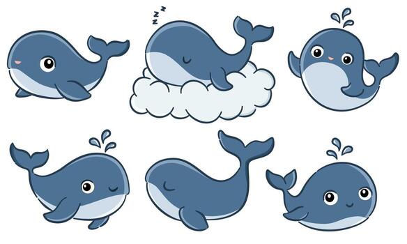 A set of illustrations in a simple children's style with outlines. Cute, friendly whales in different poses, swimming and sleeping on a cloud on a white background. vector