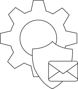 Black white line art shows a gear shield and envelope representing system settings and secure communication vector