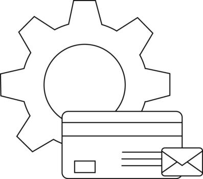 un engranaje icono se sienta detrás un crédito tarjeta con un pequeño sobre en el primer plano creando un negocio tecnológico o pago preparar gráfico vector