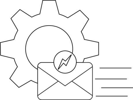 un negro y blanco gráfico muestra un engranaje detrás un sobre con un relámpago tornillo símbolo y Tres horizontal líneas vector