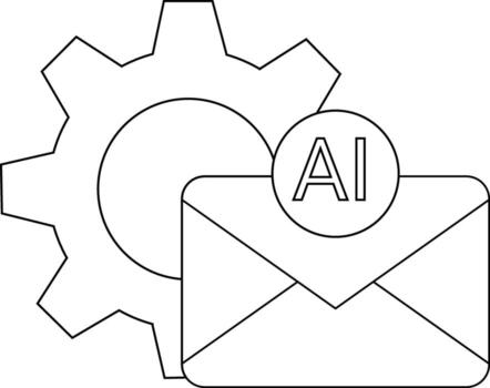A gear envelope and circle containing AI are arranged The graphic is monochrome and outlined vector