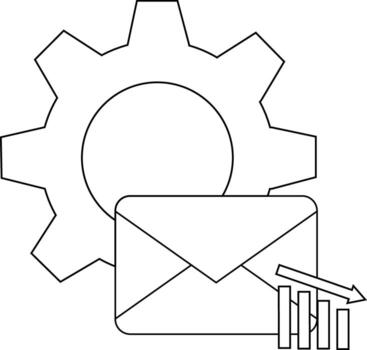 A gear overlaps a sealed envelope next to a downwardtrending bar graph with a declining arrow vector