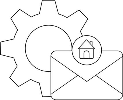 Gear envelope and a house symbol inside a circle combine in a line art style vector