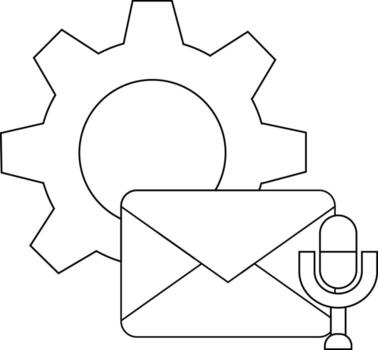 A gear behind an envelope microphone all in outline form showing tech features vector