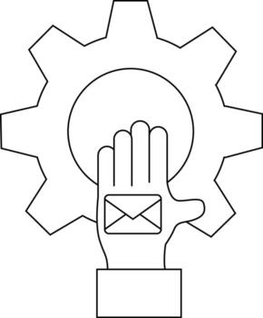 un engranaje con un mano en sus centrar el mano sostiene un letra y debajo eso es un cuadrado bloquear vector