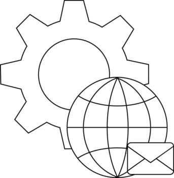 Gear globe envelope icon a black and white line drawing for settings or global communication concepts vector