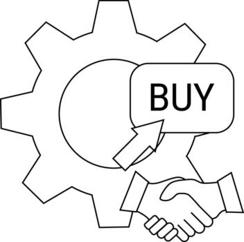 A gear with a BUY button arrow and handshake depicted in a line art style vector